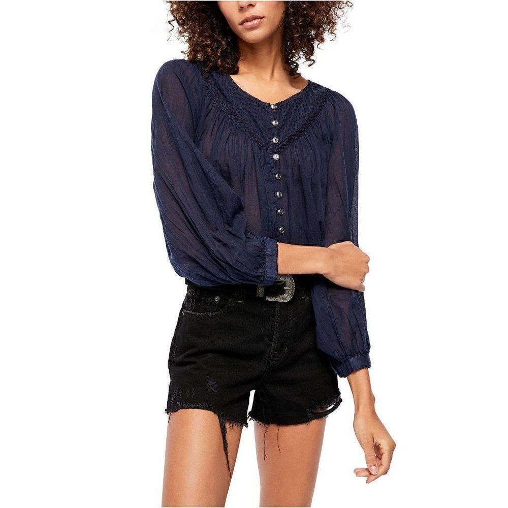 Free People NEW Navy Semi-Sheer Cotton Blouse Top